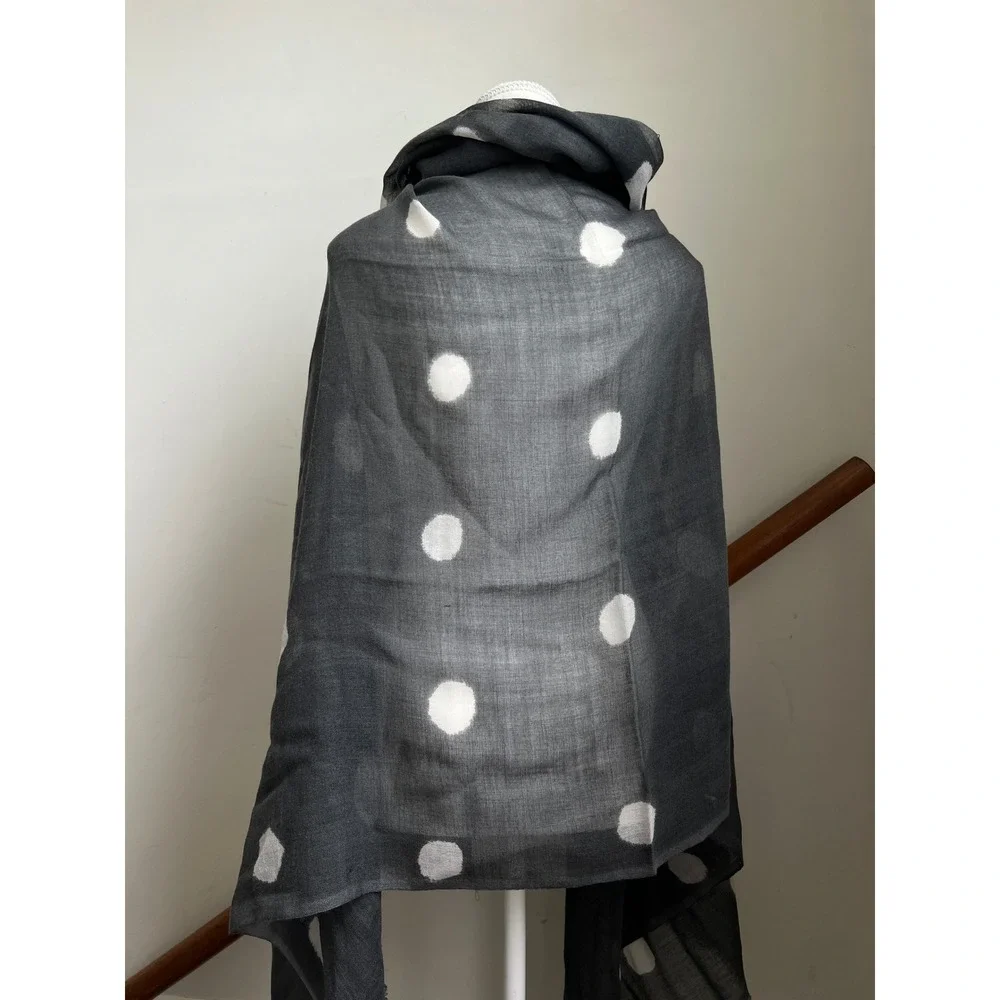 Galeries Lafayette Scarf Gray White Polka Dot Wool Frayed Fringe Wrap Shawl